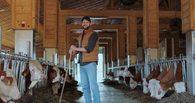 farmer is working farm with cows young man farmer cleaning cowshed barn cows eating grass background dairy farming business